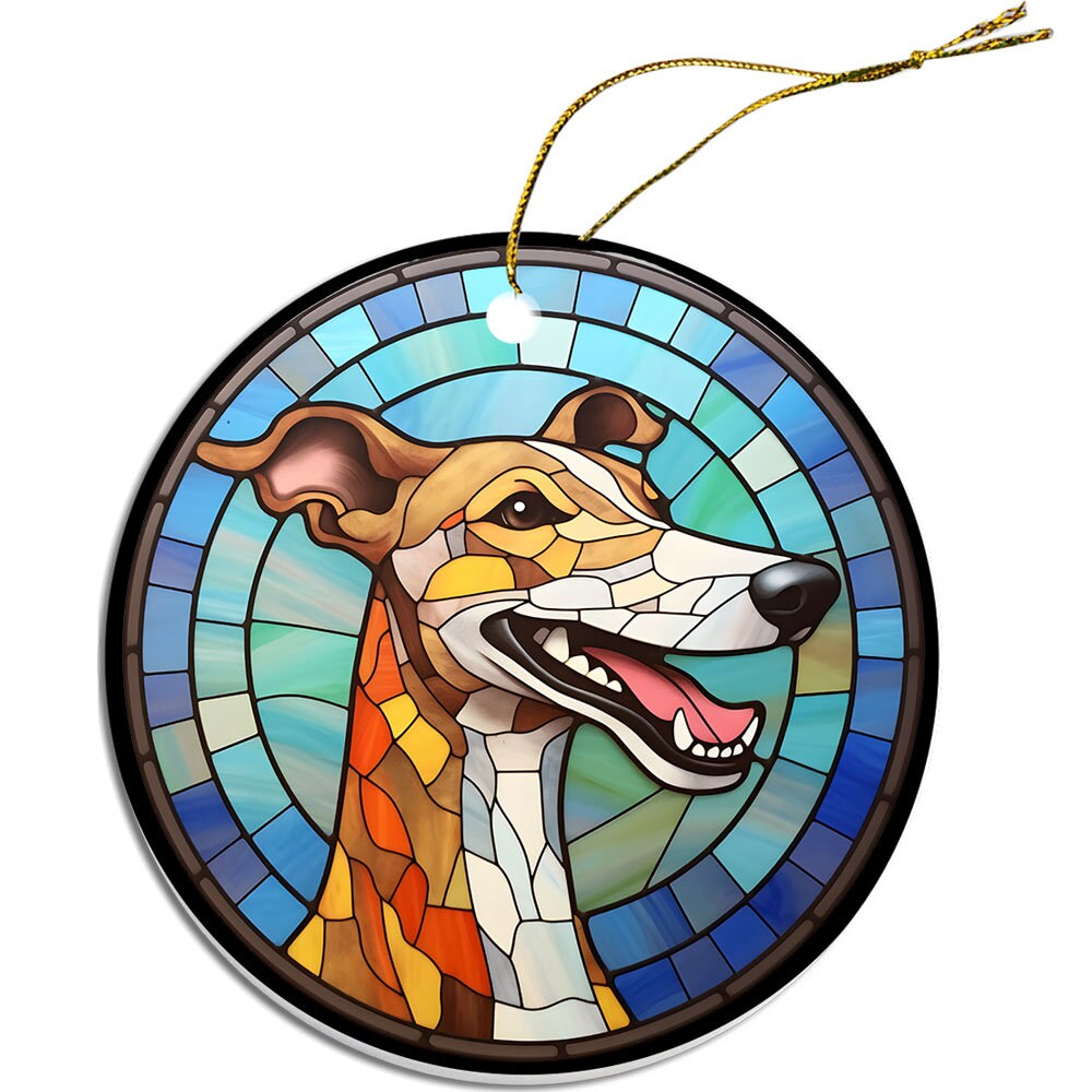 Stained glass style Christmas ornament featuring a Whippet dog breed, round ceramic design with golden string.