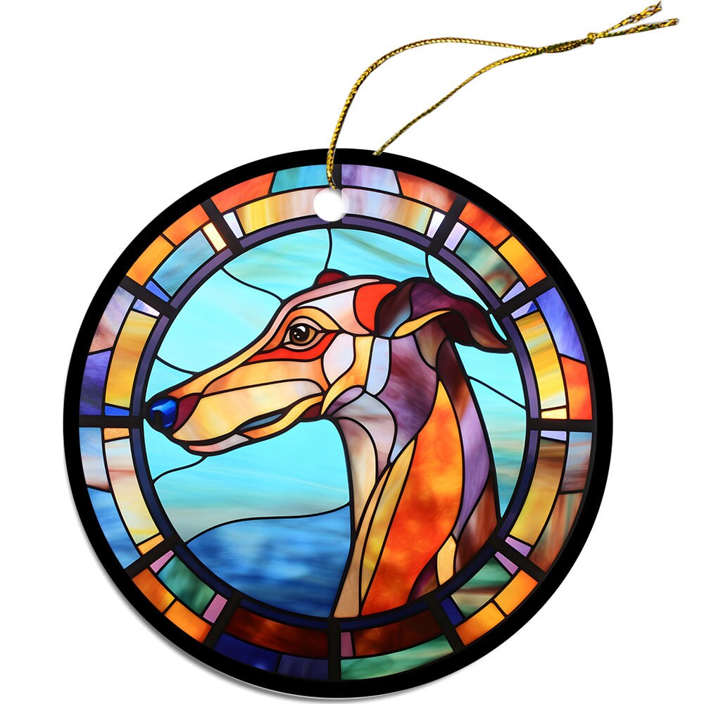 Stained glass style Christmas ornament featuring a Whippet dog breed, round ceramic design with golden string.