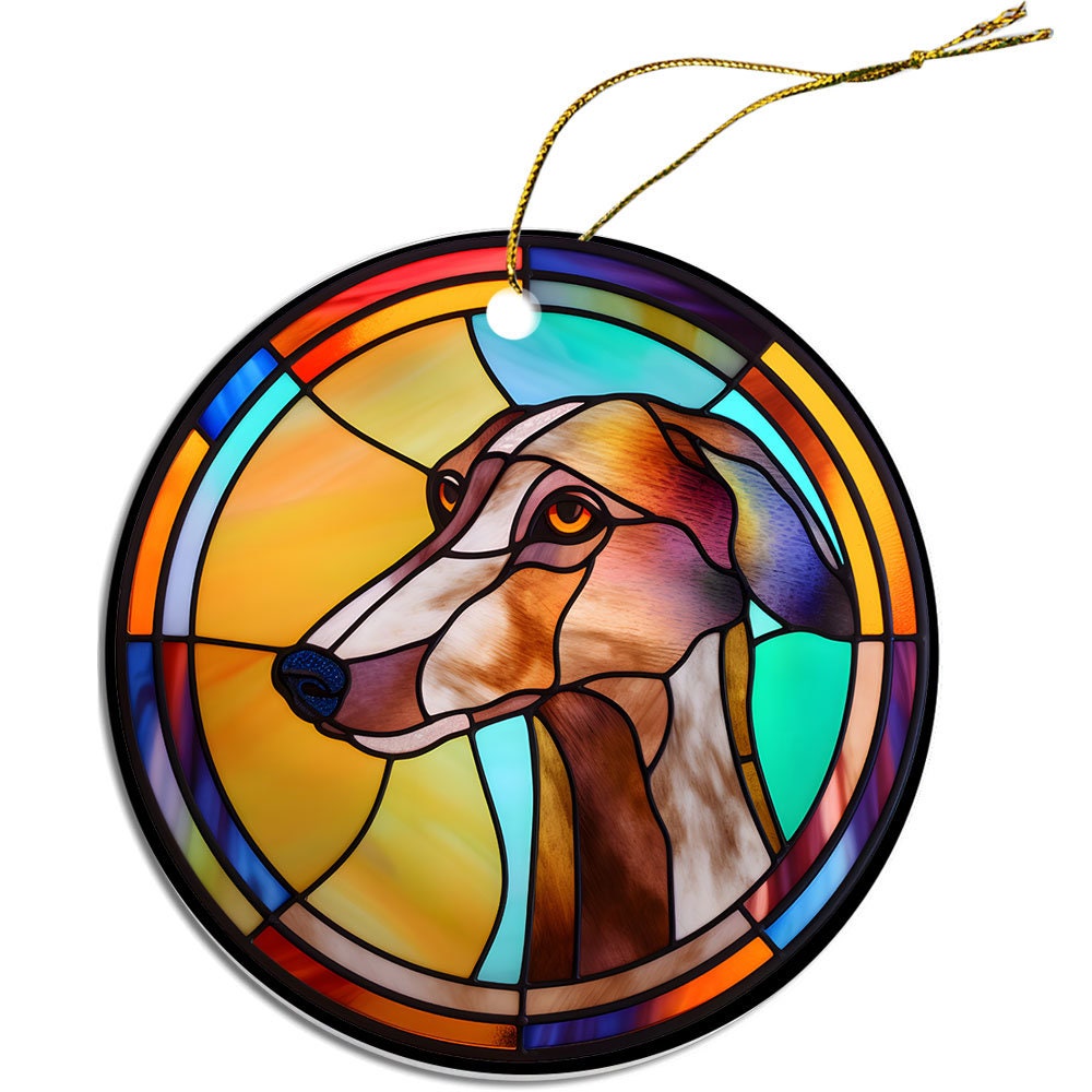 Stained glass style Christmas ornament featuring a Whippet dog breed, round ceramic design with golden string.