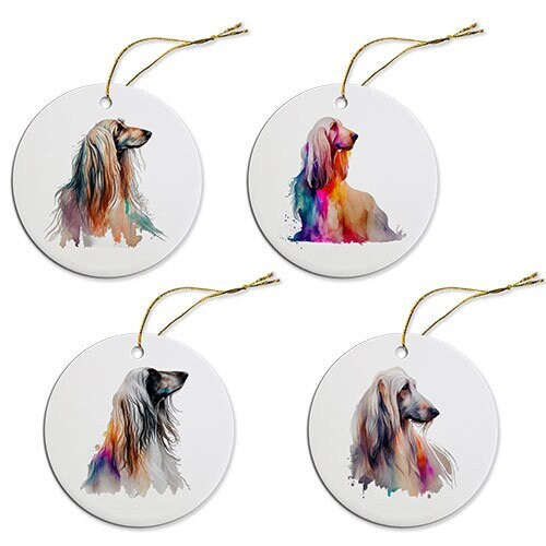 Ceramic round Christmas ornament featuring an Afghan Hound design with a golden string for hanging.