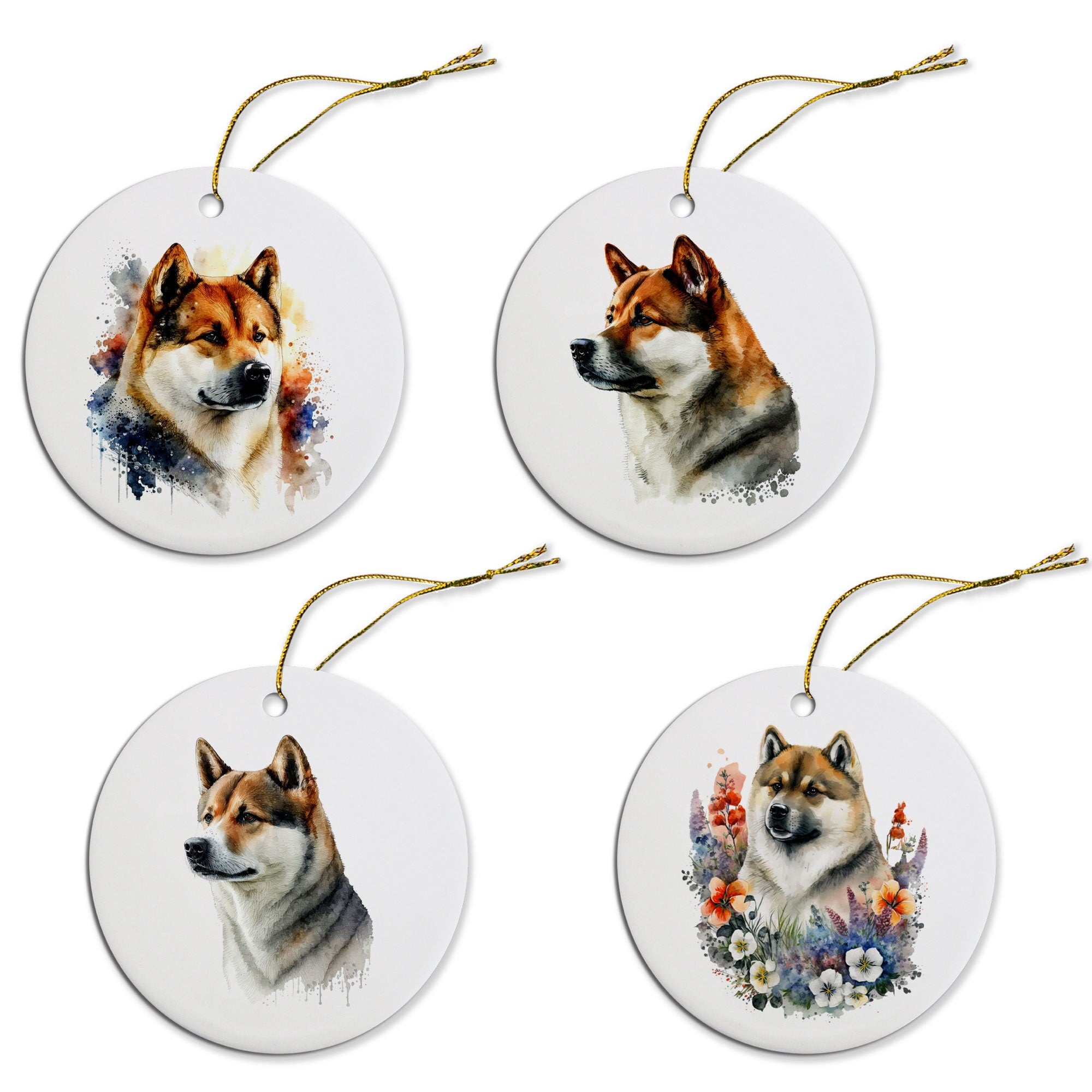 Ceramic round Christmas ornament featuring an Akita dog design with a golden string for hanging.