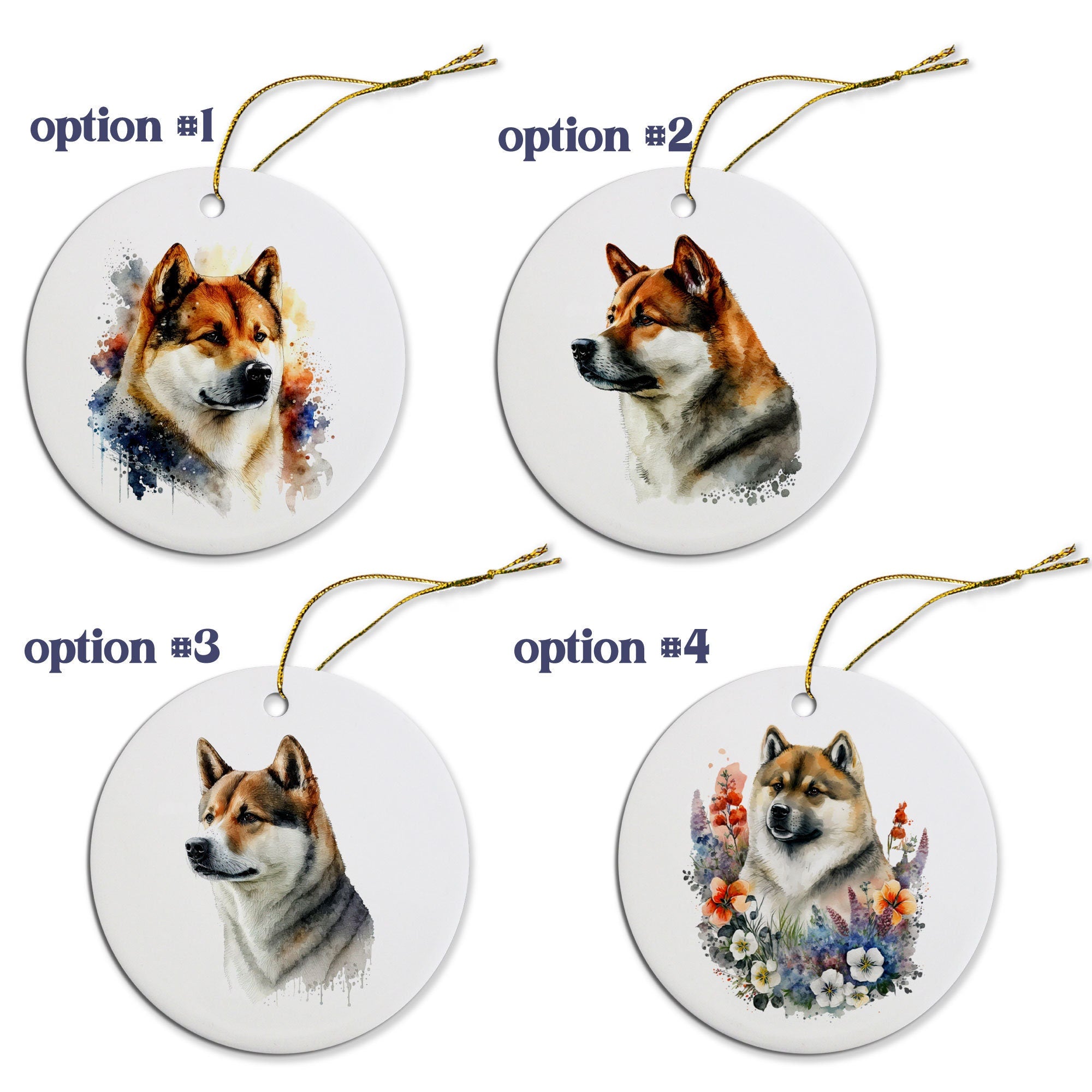 Ceramic round Christmas ornament featuring an Akita dog design with a golden string for hanging.