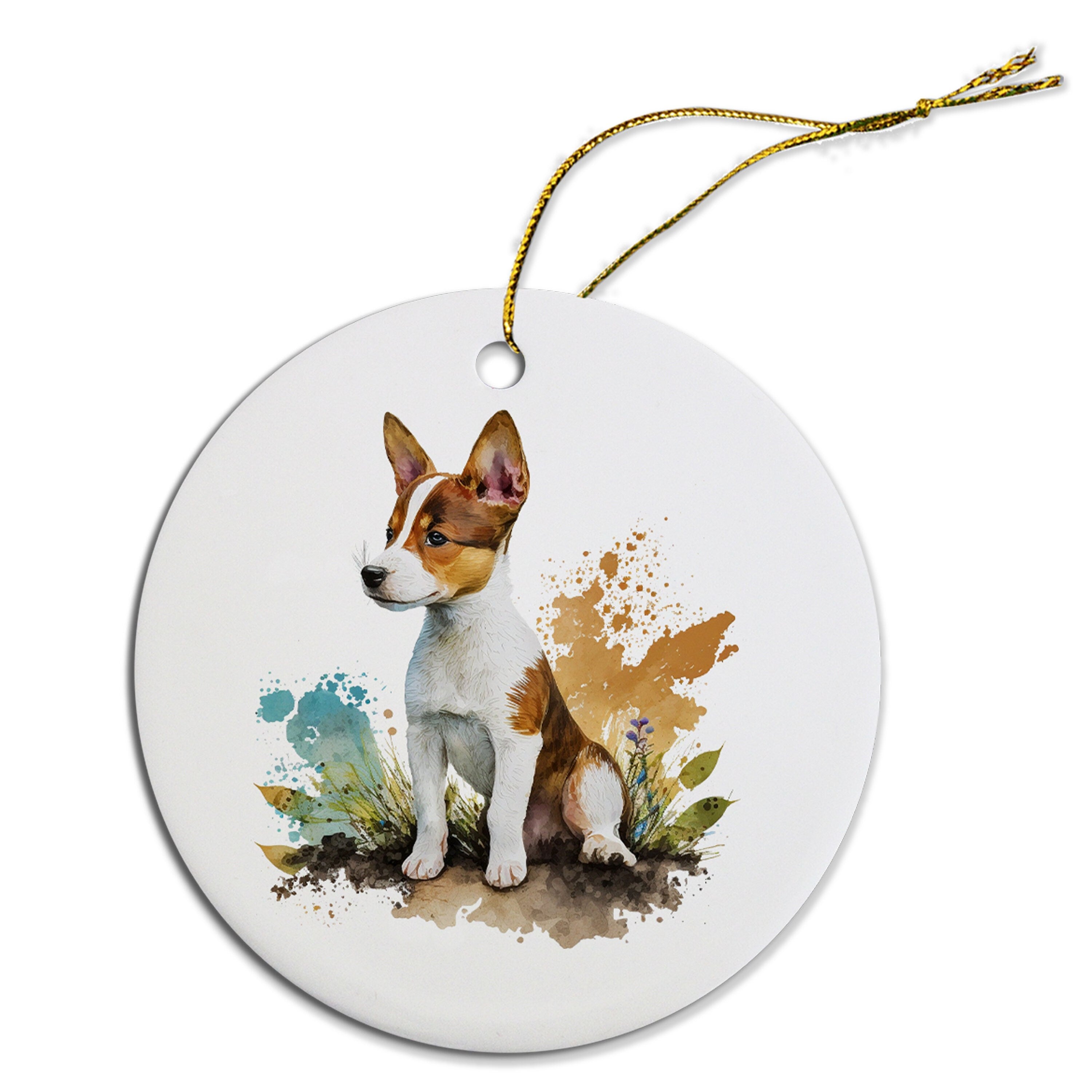 Ceramic round Christmas ornament featuring a Basenji dog design with a golden string for hanging.