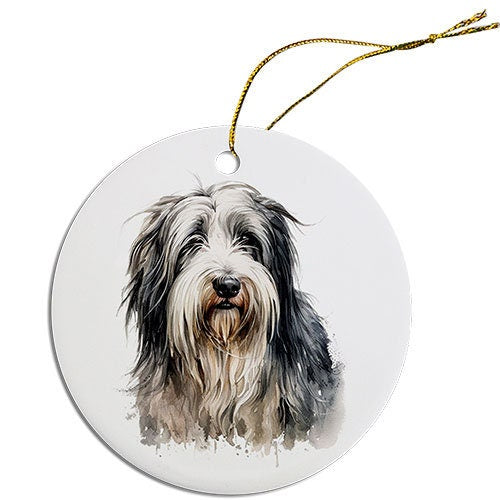 Ceramic round Christmas ornament featuring a Bearded Collie design with a golden string for hanging.