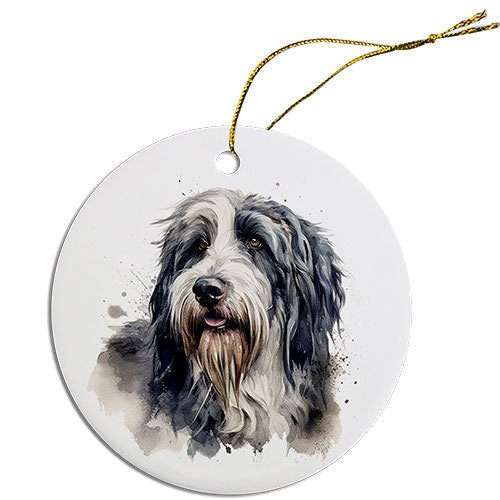 Ceramic round Christmas ornament featuring a Bearded Collie design with a golden string for hanging.