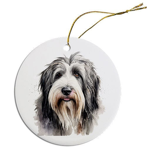 Ceramic round Christmas ornament featuring a Bearded Collie design with a golden string for hanging.