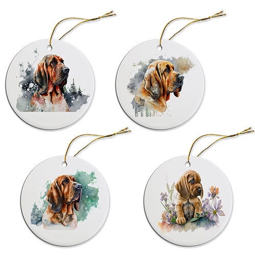 Ceramic round Christmas ornament featuring a Bloodhound design with a golden string.