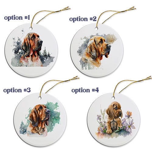 Ceramic round Christmas ornament featuring a Bloodhound design with a golden string.