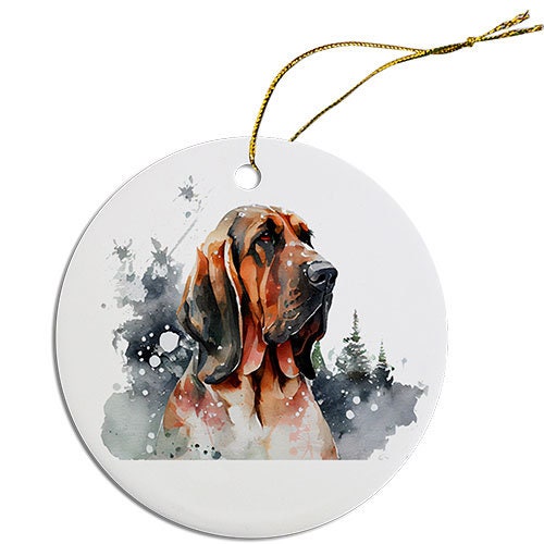 Ceramic round Christmas ornament featuring a Bloodhound design with a golden string.