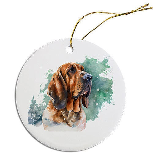 Ceramic round Christmas ornament featuring a Bloodhound design with a golden string.