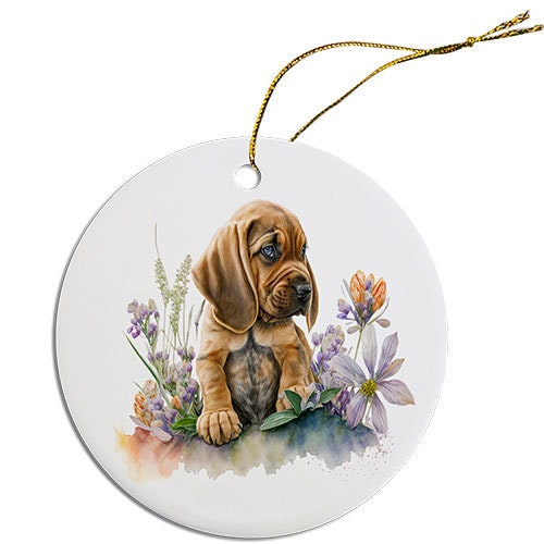 Ceramic round Christmas ornament featuring a Bloodhound design with a golden string.