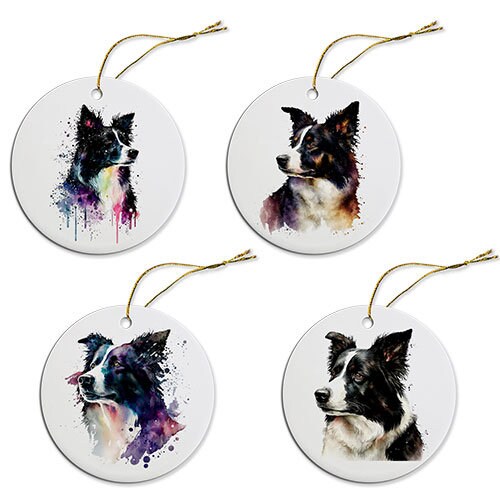 Ceramic round Christmas ornament featuring a Border Collie design with a golden string for hanging.
