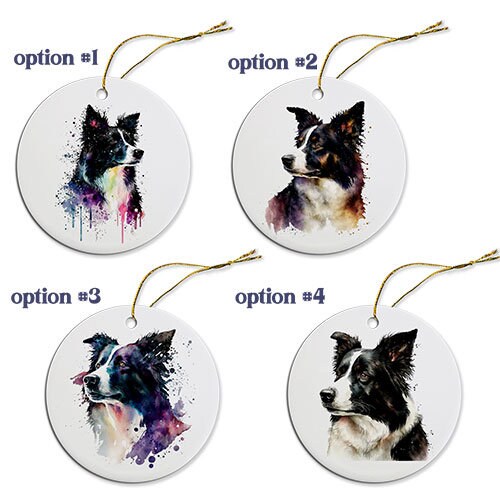 Ceramic round Christmas ornament featuring a Border Collie design with a golden string for hanging.