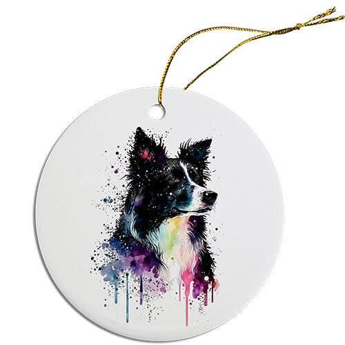 Ceramic round Christmas ornament featuring a Border Collie design with a golden string for hanging.