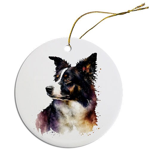 Ceramic round Christmas ornament featuring a Border Collie design with a golden string for hanging.