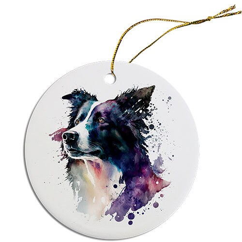 Ceramic round Christmas ornament featuring a Border Collie design with a golden string for hanging.