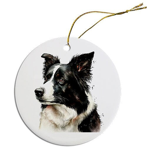 Ceramic round Christmas ornament featuring a Border Collie design with a golden string for hanging.