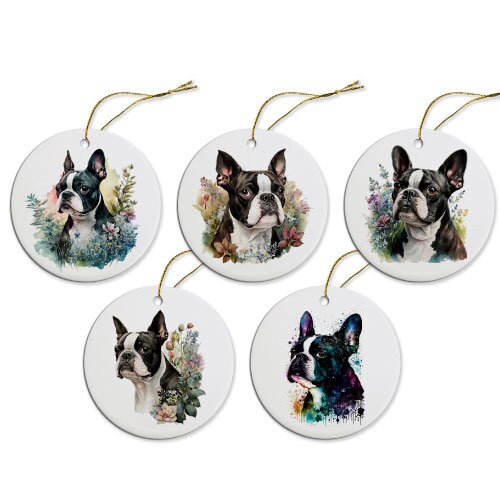 Ceramic round Christmas ornament featuring a Boston Terrier design with a golden string for hanging.