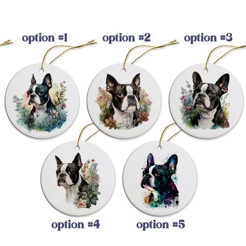 Ceramic round Christmas ornament featuring a Boston Terrier design with a golden string for hanging.