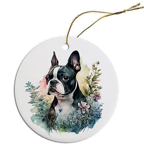 Ceramic round Christmas ornament featuring a Boston Terrier design with a golden string for hanging.