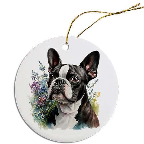 Ceramic round Christmas ornament featuring a Boston Terrier design with a golden string for hanging.