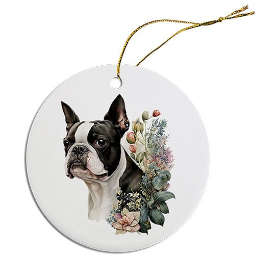 Ceramic round Christmas ornament featuring a Boston Terrier design with a golden string for hanging.