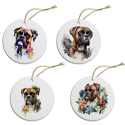 Ceramic round Christmas ornament featuring a Boxer dog breed design with a golden string.