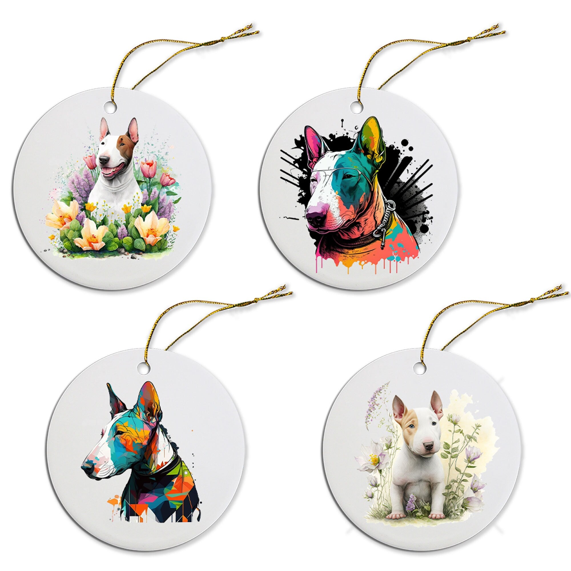 Ceramic round Christmas ornament featuring a Bull Terrier design with a golden string for hanging.