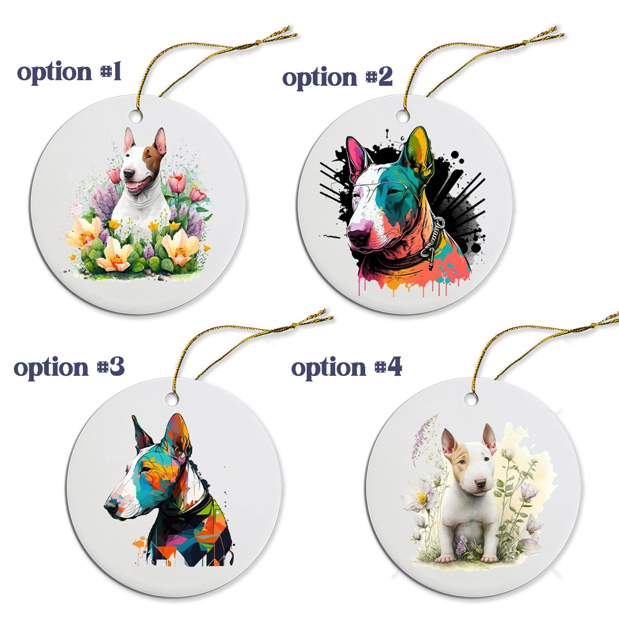 Ceramic round Christmas ornament featuring a Bull Terrier design with a golden string for hanging.
