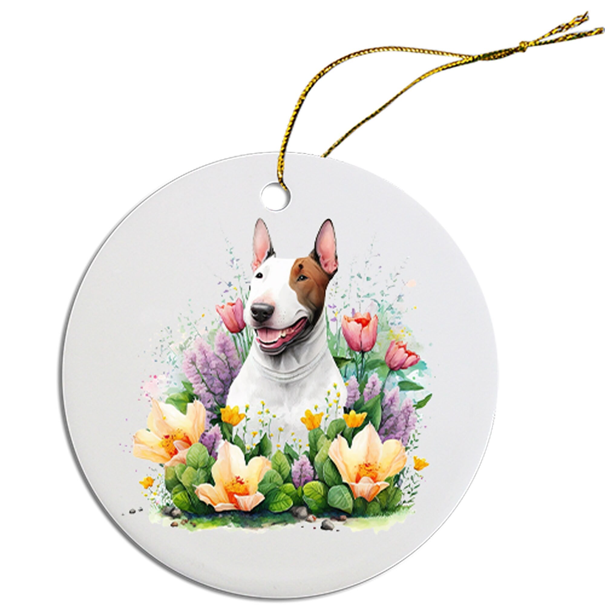 Ceramic round Christmas ornament featuring a Bull Terrier design with a golden string for hanging.