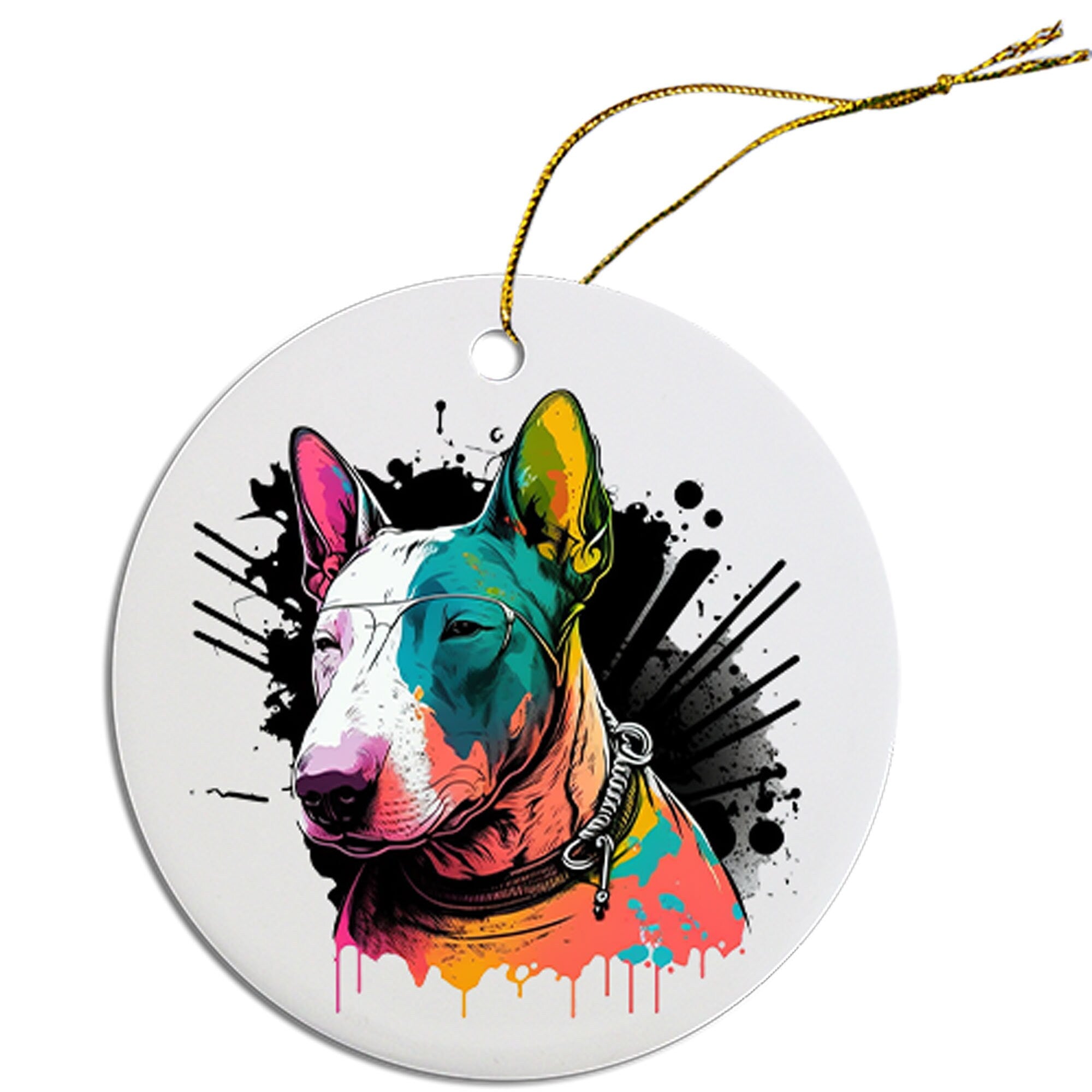 Ceramic round Christmas ornament featuring a Bull Terrier design with a golden string for hanging.