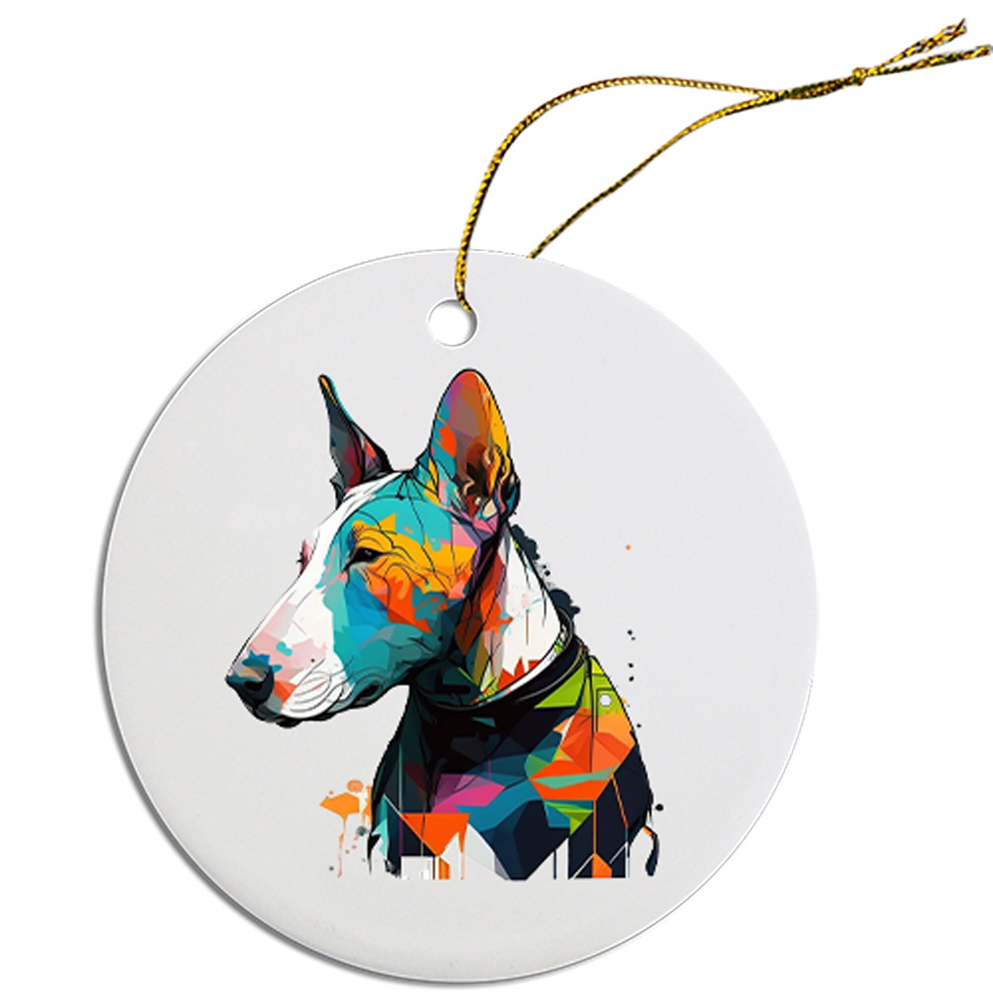 Ceramic round Christmas ornament featuring a Bull Terrier design with a golden string for hanging.