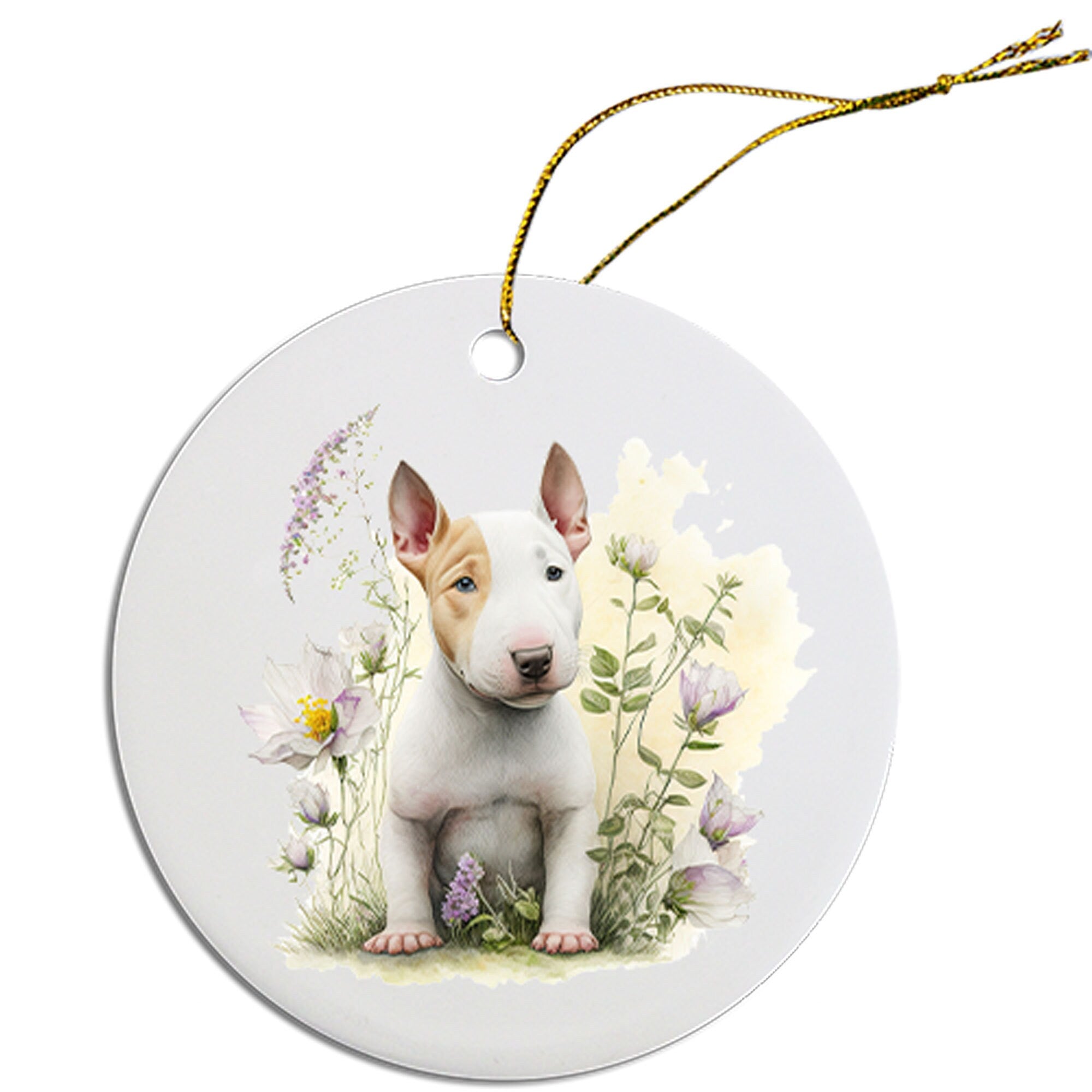 Ceramic round Christmas ornament featuring a Bull Terrier design with a golden string for hanging.