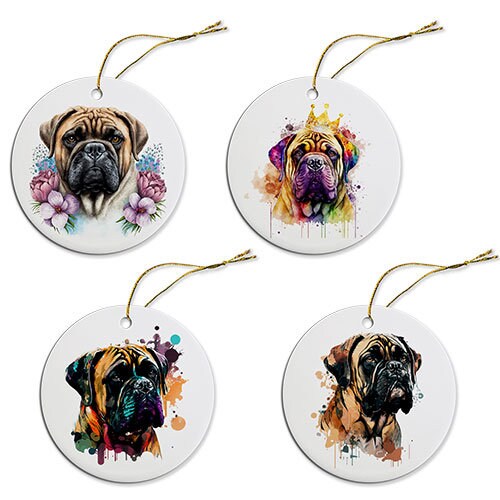 Ceramic round Christmas ornament featuring a Bullmastiff design with a golden string for hanging.