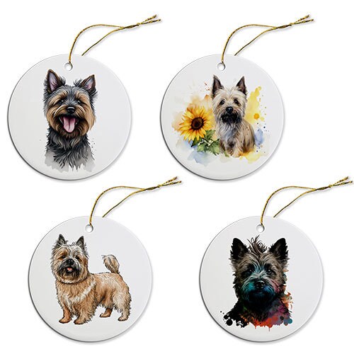 Ceramic round Christmas ornament featuring a Cairn Terrier design with a golden string.