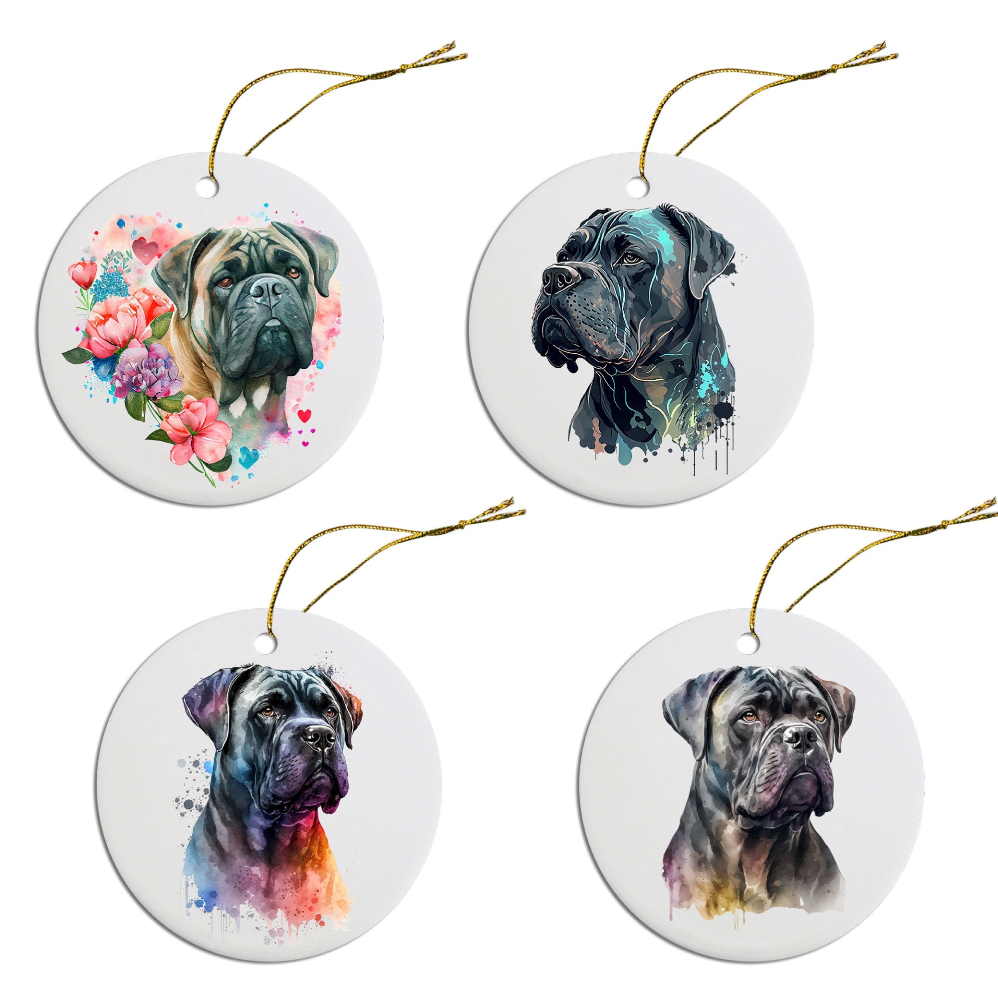 Ceramic round Christmas ornament featuring a Cane Corso design with a golden string for hanging.