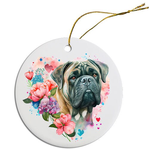 Ceramic round Christmas ornament featuring a Cane Corso design with a golden string for hanging.
