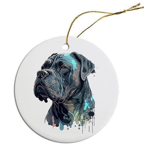 Ceramic round Christmas ornament featuring a Cane Corso design with a golden string for hanging.