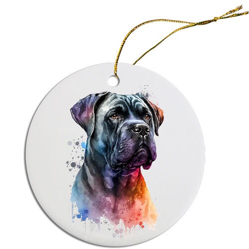 Ceramic round Christmas ornament featuring a Cane Corso design with a golden string for hanging.