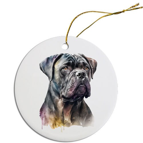 Ceramic round Christmas ornament featuring a Cane Corso design with a golden string for hanging.