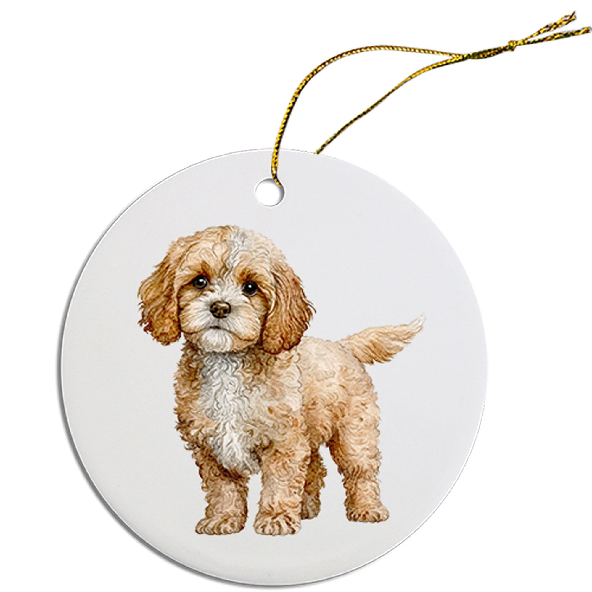 Ceramic round Christmas ornament featuring a Cavapoo design with a golden string for hanging.
