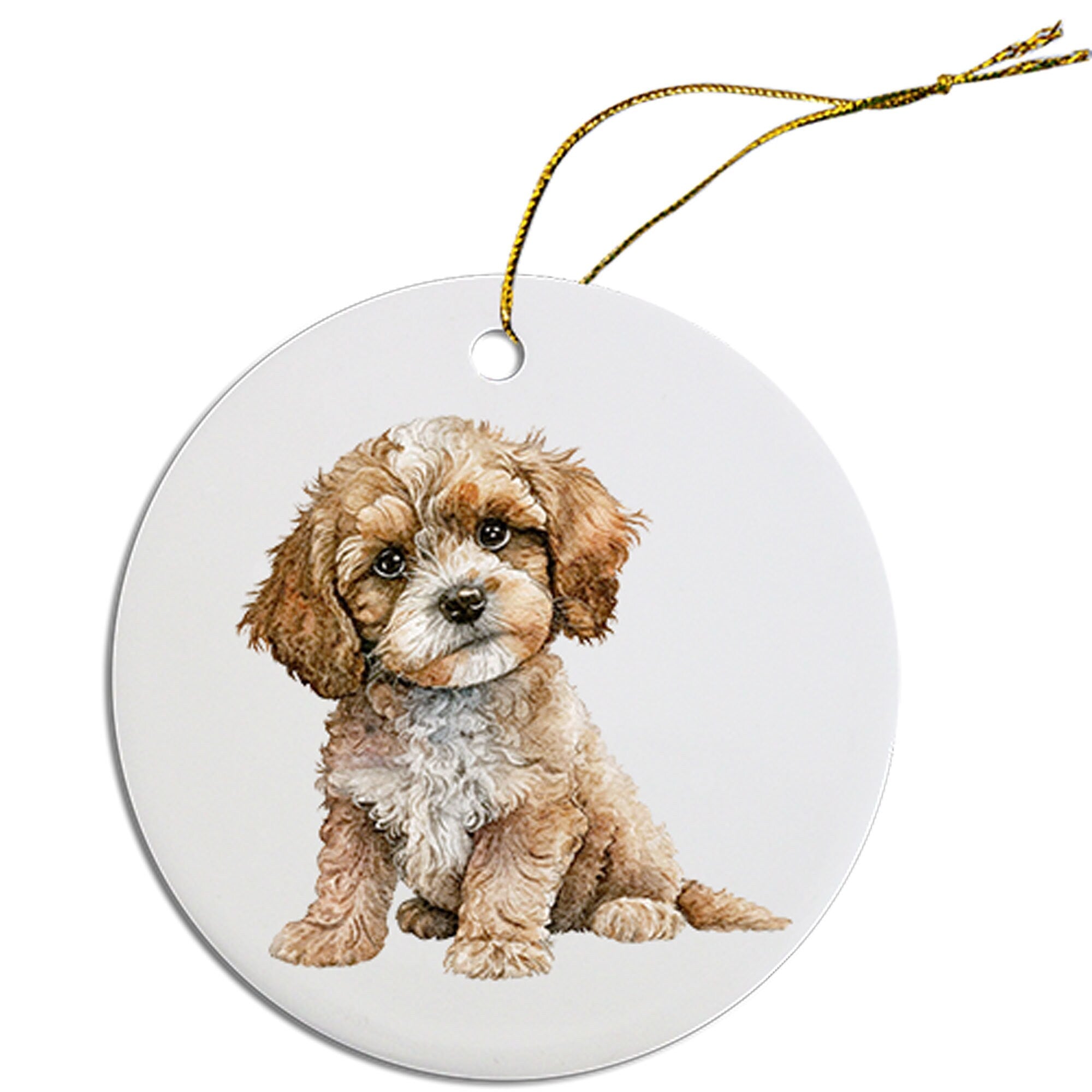 Ceramic round Christmas ornament featuring a Cavapoo design with a golden string for hanging.