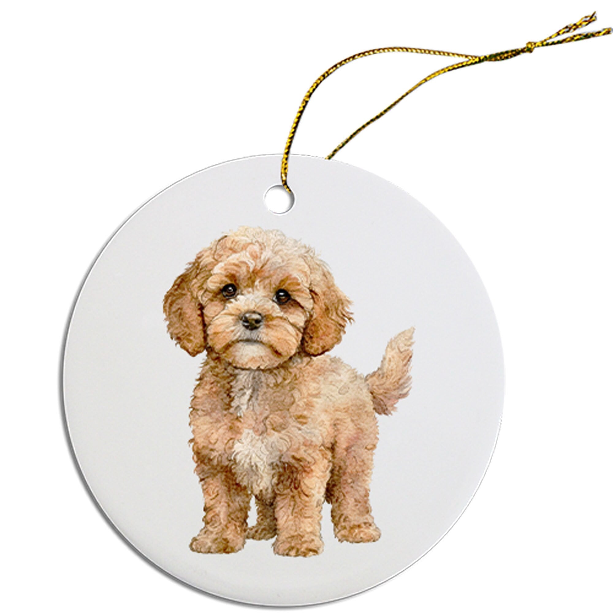 Ceramic round Christmas ornament featuring a Cavapoo design with a golden string for hanging.