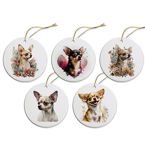Ceramic round Christmas ornament featuring a Chihuahua design with a golden string.