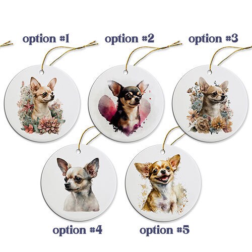 Ceramic round Christmas ornament featuring a Chihuahua design with a golden string.