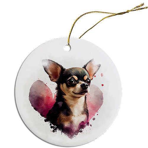 Ceramic round Christmas ornament featuring a Chihuahua design with a golden string.