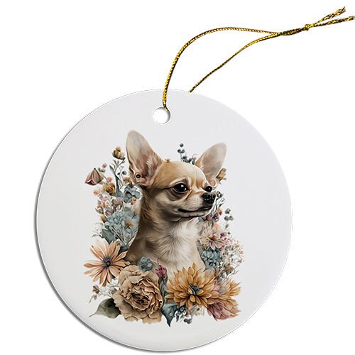 Ceramic round Christmas ornament featuring a Chihuahua design with a golden string.