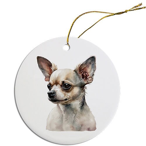Ceramic round Christmas ornament featuring a Chihuahua design with a golden string.