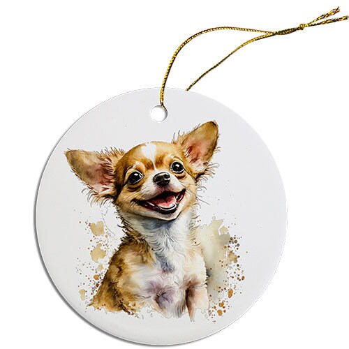 Ceramic round Christmas ornament featuring a Chihuahua design with a golden string.
