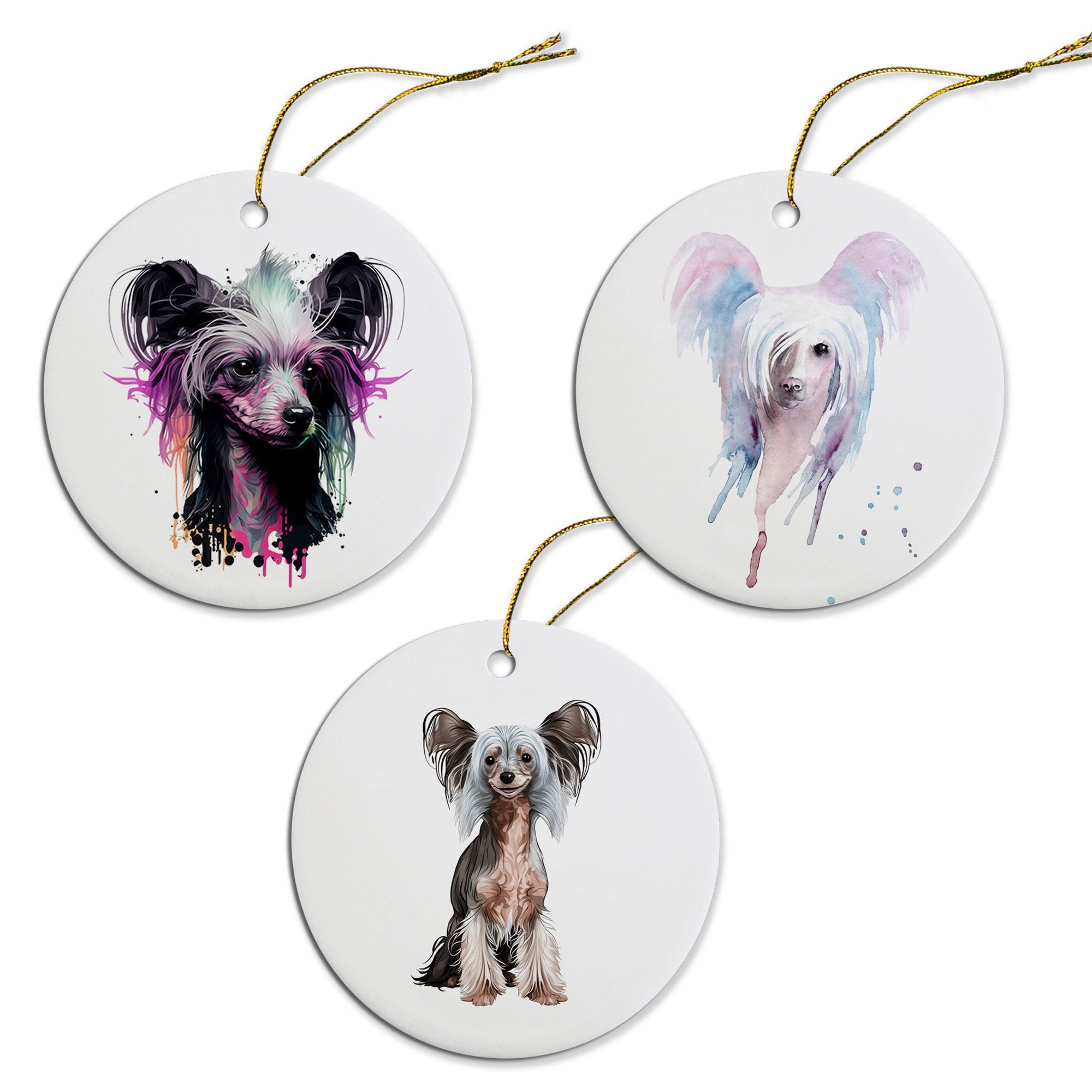 Ceramic round Christmas ornament featuring a Chinese Crested dog design with a golden string.